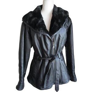 90s Wilsons Leather Black Leather Vintage Coat Size L Hooded Belted Bikercore